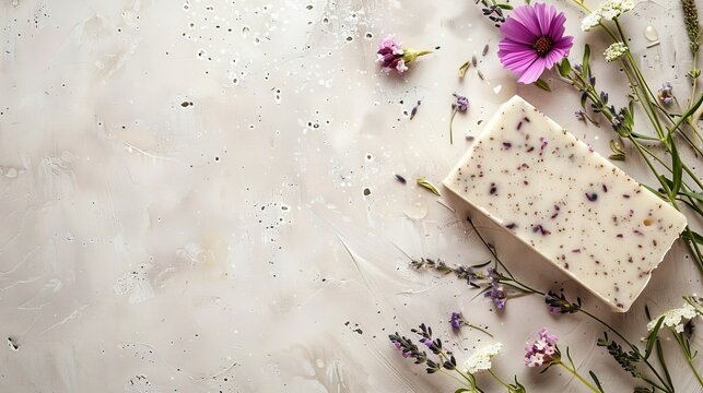 Lavender-infused soap with flowers on beige surface. Soothing setup for spa or wellness themes. Great for organic or skincare designs.