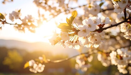 Sunlit blossoms on a branch, soft focus background (1)