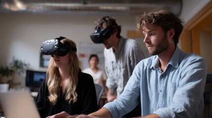 Creative team engages in virtual reality development at a modern workspace during a collaborative session in the afternoon