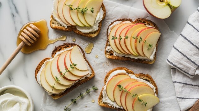 Top view of toasted bread with apple slices, honey dipper, and thyme - Powered by Adobe