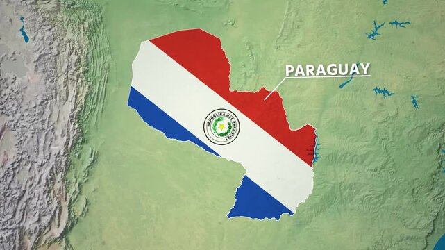 Zoom from Earth to Paraguay. (Country Flag) World map animation with highlighted country borders. Cinematic 3d world map animation highlights aerial views, tourism, and travel. 4k