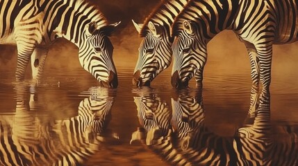 Zebras Drinking at Waterhole During Evening Light