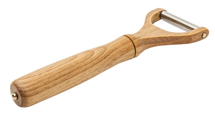 Wooden handled vegetable peeler isolated on transparent background, a kitchen tool for peeling potatoes, carrots, apples and other fruits