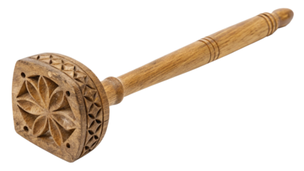 Vintage wooden cookie stamp isolated on transparent background, a traditional tool for baking gingerbread cookies with a carved flower pattern
