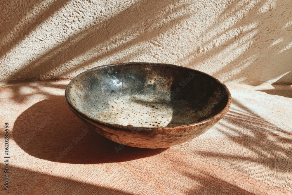 Poster handcrafted ceramic bowl resting on textured surface with natural light and shadow patterns highligh