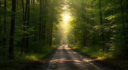 Fototapeta premium Mystical Forest Road & Golden Light Scene