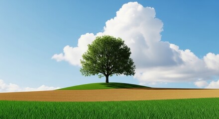 Solitary tree on a verdant hill with golden field under a bright sky and billowing clouds