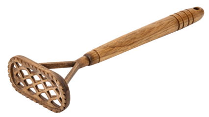 Wooden potato masher isolated on transparent background is a rustic kitchen tool for mashing vegetables and preparing food with a vintage style