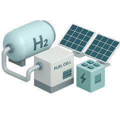 Renewable Energy Sources: Illustration of clean energy technologies, highlighting a hydrogen tank, solar panel, and a fuel cell, showcasing sustainable power solutions for a greener future.