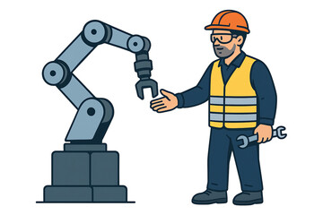 Modern Industrial Collaboration: A skilled engineer and a state-of-the-art robotic arm come together in a graphic illustration.