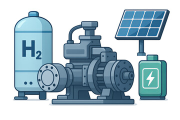 Harnessing Clean Energy: An illustration featuring key components of a sustainable energy system, highlighting the synergy between solar panels, hydrogen storage, and energy conversion. 