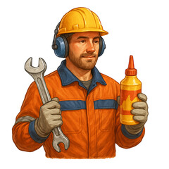 Maintenance worker and tool: A skilled worker, in a protective helmet and gear, stands holding a wrench and a bottle of oil, showcasing essential equipment in his profession.