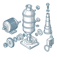 Mechanical Assembly: A detailed technical illustration of various mechanical components arranged for assembly, perfect for technical documentation and engineering visualization.