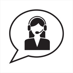 Female call center agent icon in speech bubble, customer support operator with headset vector symbol for online assistance