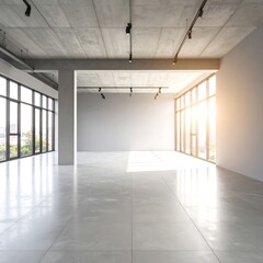 Sunlit empty modern space with large windows and polished concrete floors