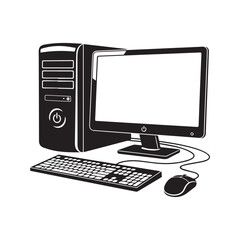 Desktop computer workstation silhouette, PC setup with monitor, keyboard, and mouse vector illustration