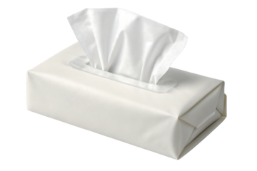 White tissue box dispenser with facial tissues protruding from top opening and clean rectangular design format, isolated on a transparent background
