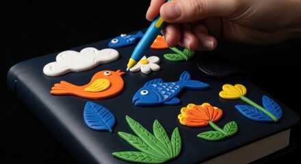 Creative notebook decoration with clay embellishments and personalized hand touches creates a