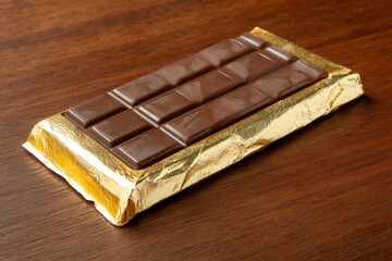 Chocolate bar wrapped in gold foil placed on a wooden table highlighting a sweet treat ready for enjoyment