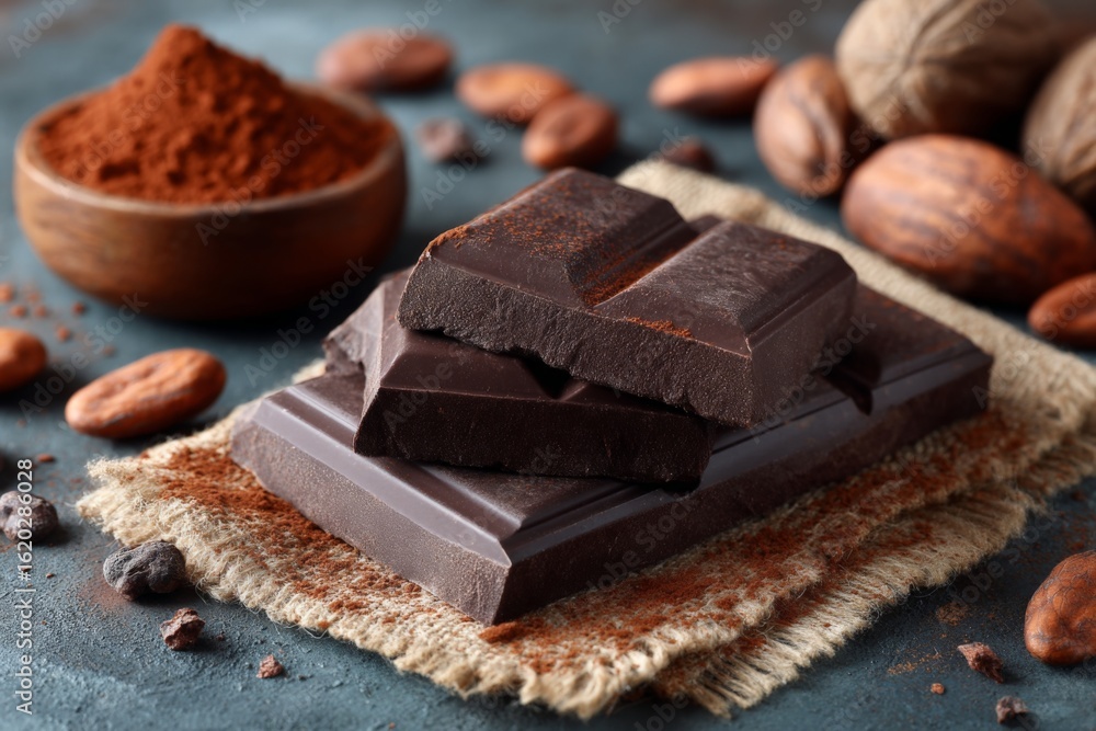 Poster dark chocolate bars surrounded by cocoa powder and cocoa beans on a textured surface in a cozy kitch