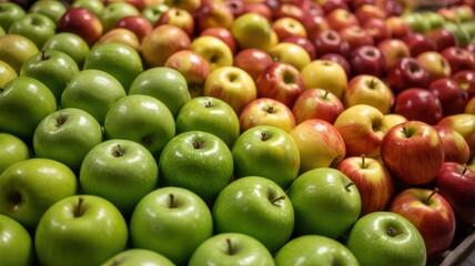 Close-up of fresh apples arranged in a diagonal gradient pattern with natural lighting