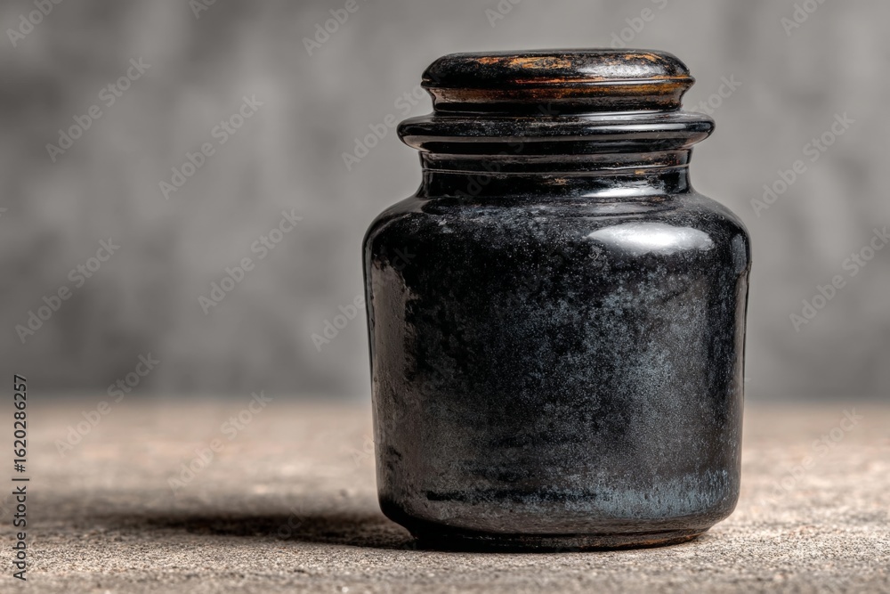Poster ink jar resting on a textured surface with a blurred background in a soft light setting