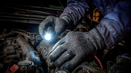 Close-up of hands in protective gloves inspecting a car engine.