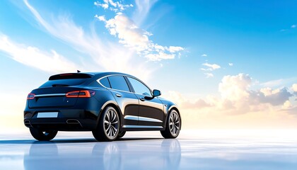 Fototapeta premium Sleek Black Car on a Glossy Surface Against a Vibrant Sky Backdrop