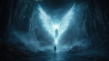 Epic fantasy scene of a glowing angelic figure with large wings descending in a dark canyon, facing a lone human below. 