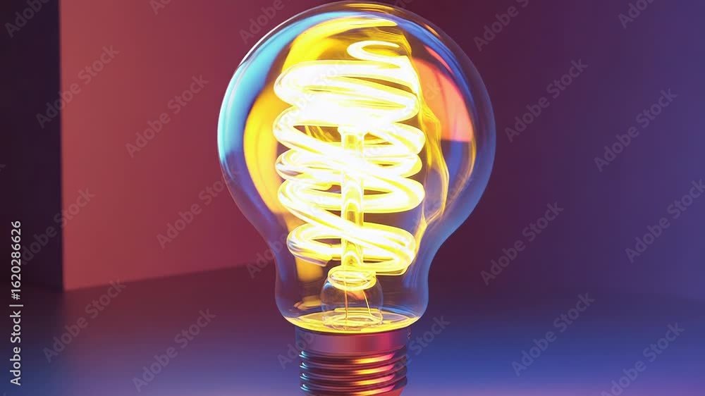 Poster bright lightbulb shining with spiral filament on gradient background