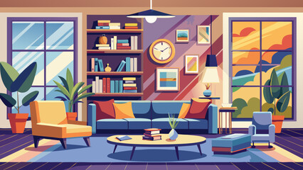 Vector art of inviting modern living room interior featuring a blue sofa, armchair, coffee table, bookshelves, plants, and artwork, perfect for a cozy home