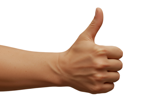 Human hand giving a thumbs up gesture isolated on transparent background