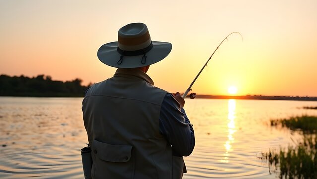 노을지는 강 호수 바다에서 모자쓴 중년 남성이 홀로 낚시대를 던져 낚시하고 있다A middle-aged man wearing a hat is fishing alone in the sunset river lake sea