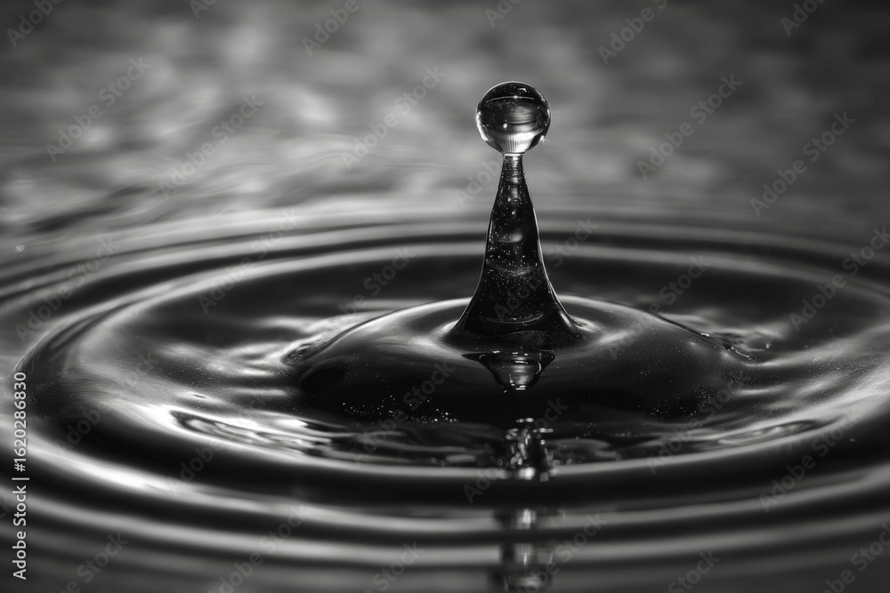 Poster water droplet creating ripples in a calm dark surface highlighting fluid dynamics and texture