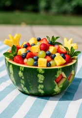 Colorful Fruit Salad in Carved Watermelon Bowl