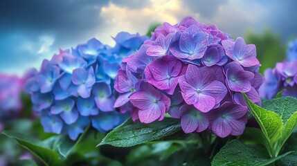 Beautiful purple hydrangeas bloom in a lush garden, showcasing muted tones and rich textures under a cloudy sky with ultra-sharp detail.