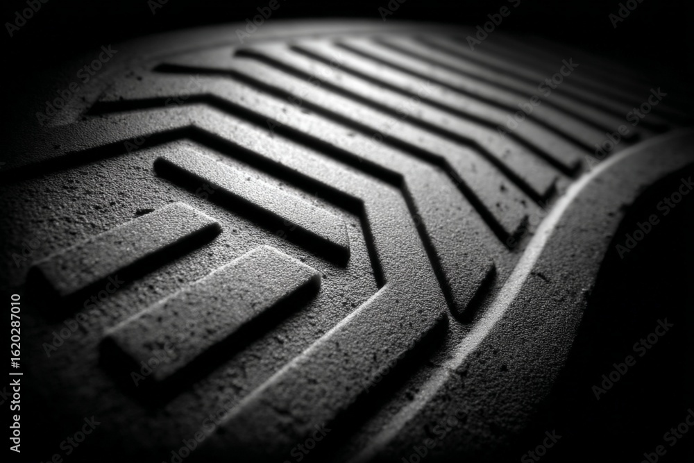 Poster close-up of textured tire tread showcasing intricate patterns in dramatic lighting highlighting desi