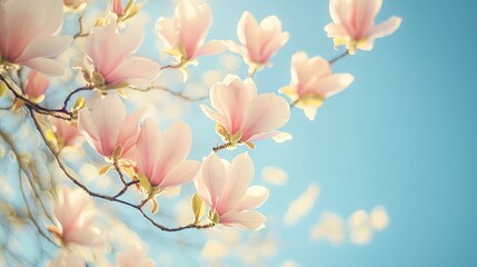 Close-up of blooming magnolia tree branches against a clear blue sky, showcasing beautiful soft tones and realistic details.