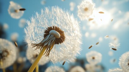 Fototapeta premium A stunning macro shot of dandelion seeds dispersing gracefully in the breeze against a clear background, showcasing nature's beauty in high detail.