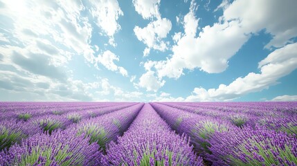 Fototapeta premium A stunning lavender field extends to the horizon under a bright blue sky with soft clouds, capturing vivid colors and intricate details.