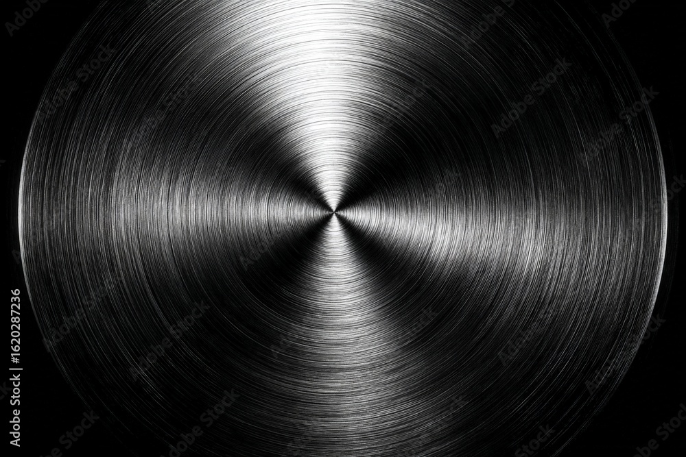 Poster reflective metal surface showing intricate textures and a circular pattern in a well-lit environment