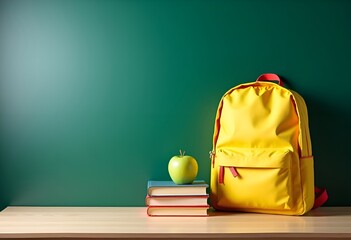 backpack on right side of school desk next to stack of books topped with green apple, left side empty for text placement, classroom chalkboard, concept of school education and learning, back to school