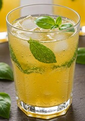 Refreshing Yellow Basil Drink with Ice in Glass