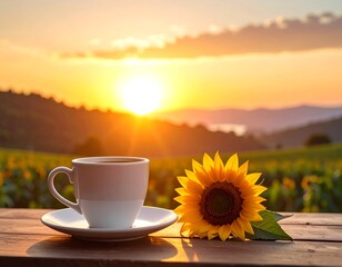 Sunrise coffee scene with sunflower