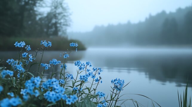 A serene scene of wild blue forget-me-nots blooming near a calm lake, surrounded by a misty background, evoking tranquility.