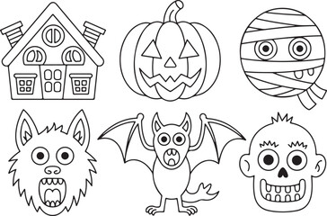 Halloween icon set outline black and white