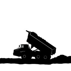 A powerful silhouette of a heavy-duty articulated dump truck actively unloading its load of material onto the ground, depicted against a stark white background.