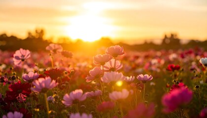 Sunset illuminates a field of colorful cosmos flowers, creating a warm, vibrant scene