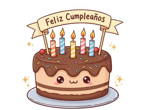 Cute kawaii birthday cake with feliz cumpleanos banner isolated on transparent background
