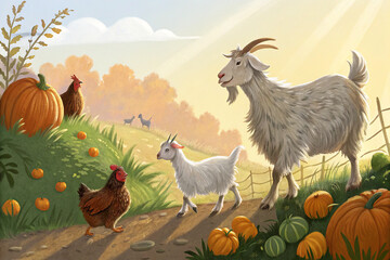 Goats And Chickens Farm With